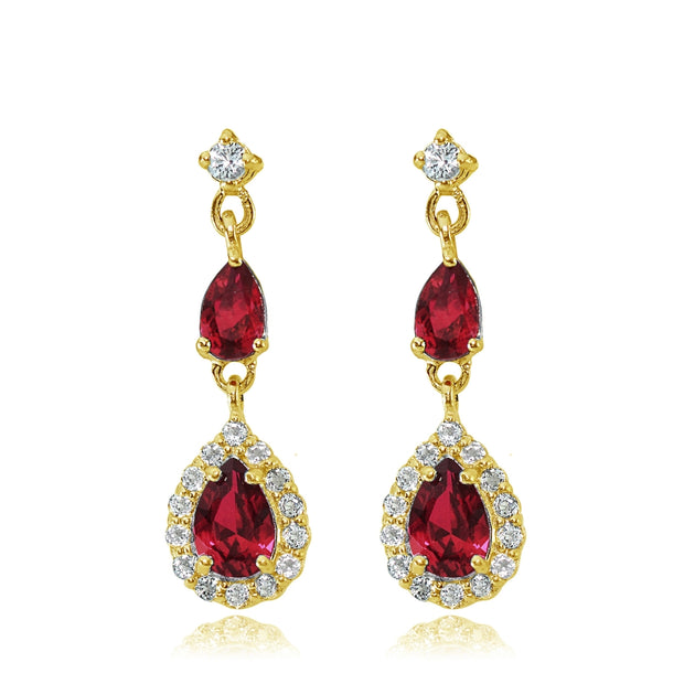 Yellow Gold Flashed Sterling Silver Created Ruby and White Topaz Fashion Teardrop Dangle Earrings