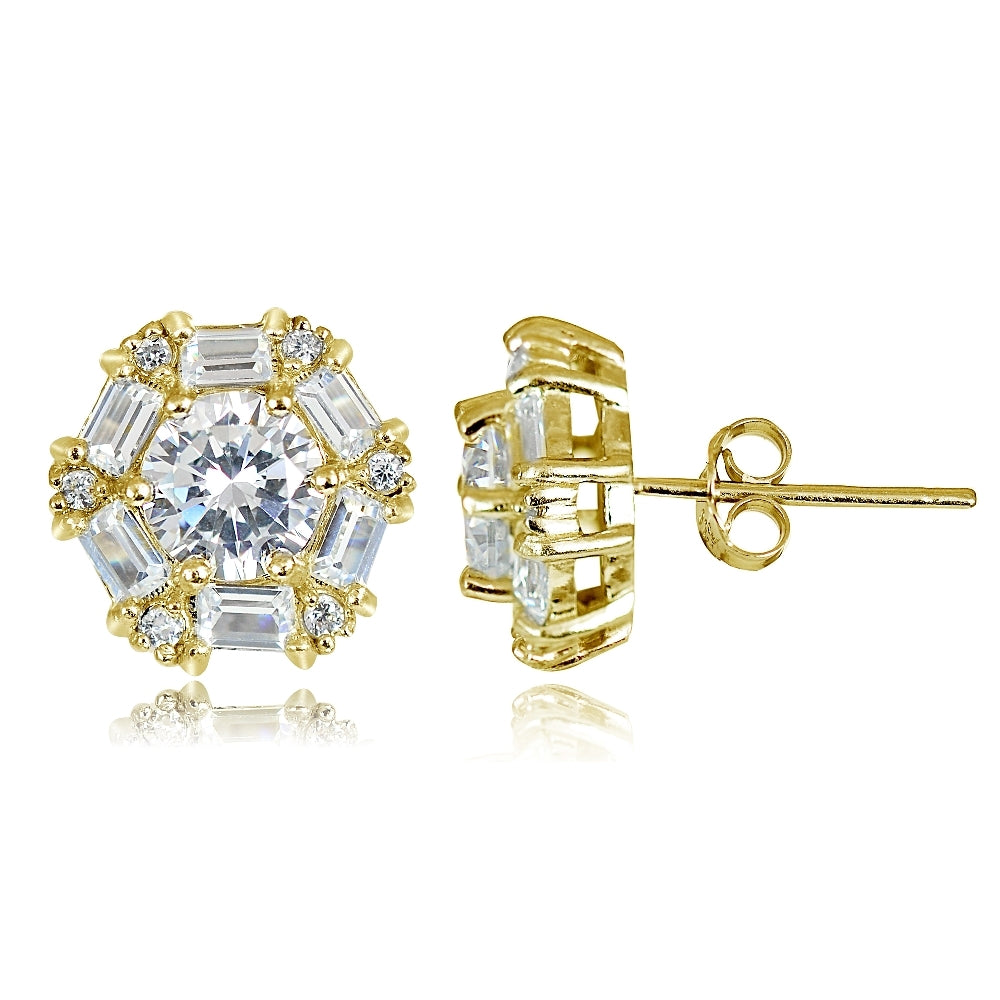 Gold over Sterling Silver 4.38ct Cubic Zicronia Baguette-Cut Flower Stud Earring