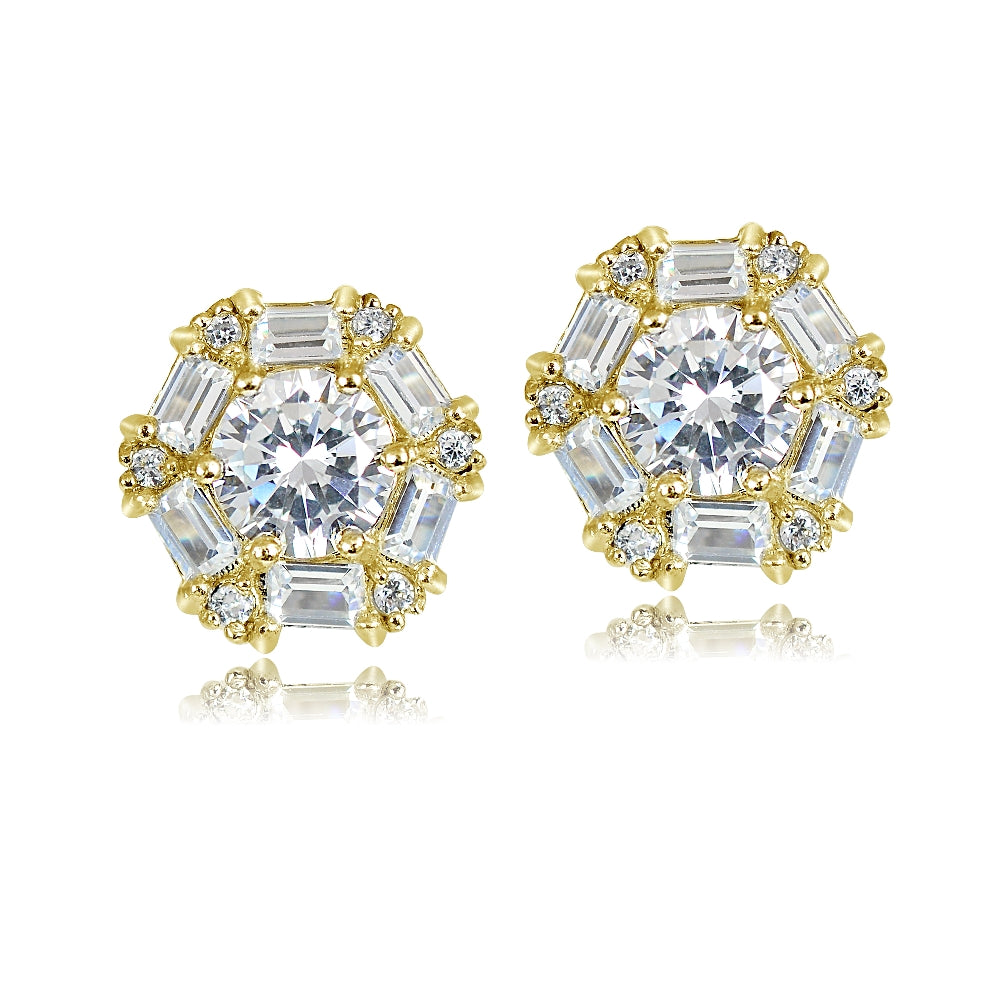 Gold over Sterling Silver 4.38ct Cubic Zicronia Baguette-Cut Flower Stud Earring-3