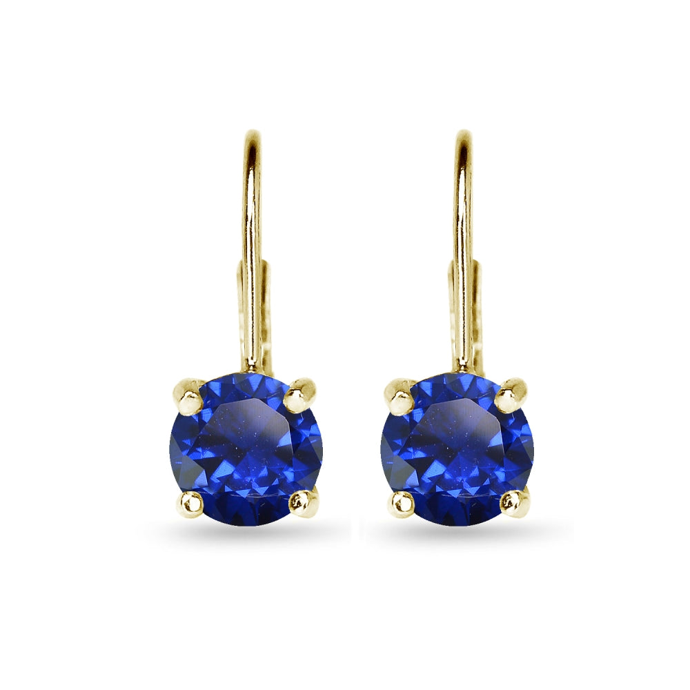 Yellow Gold Flashed Sterling Silver Polished Created Blue Sapphire 7mm Round Dainty Leverback Earrings-2