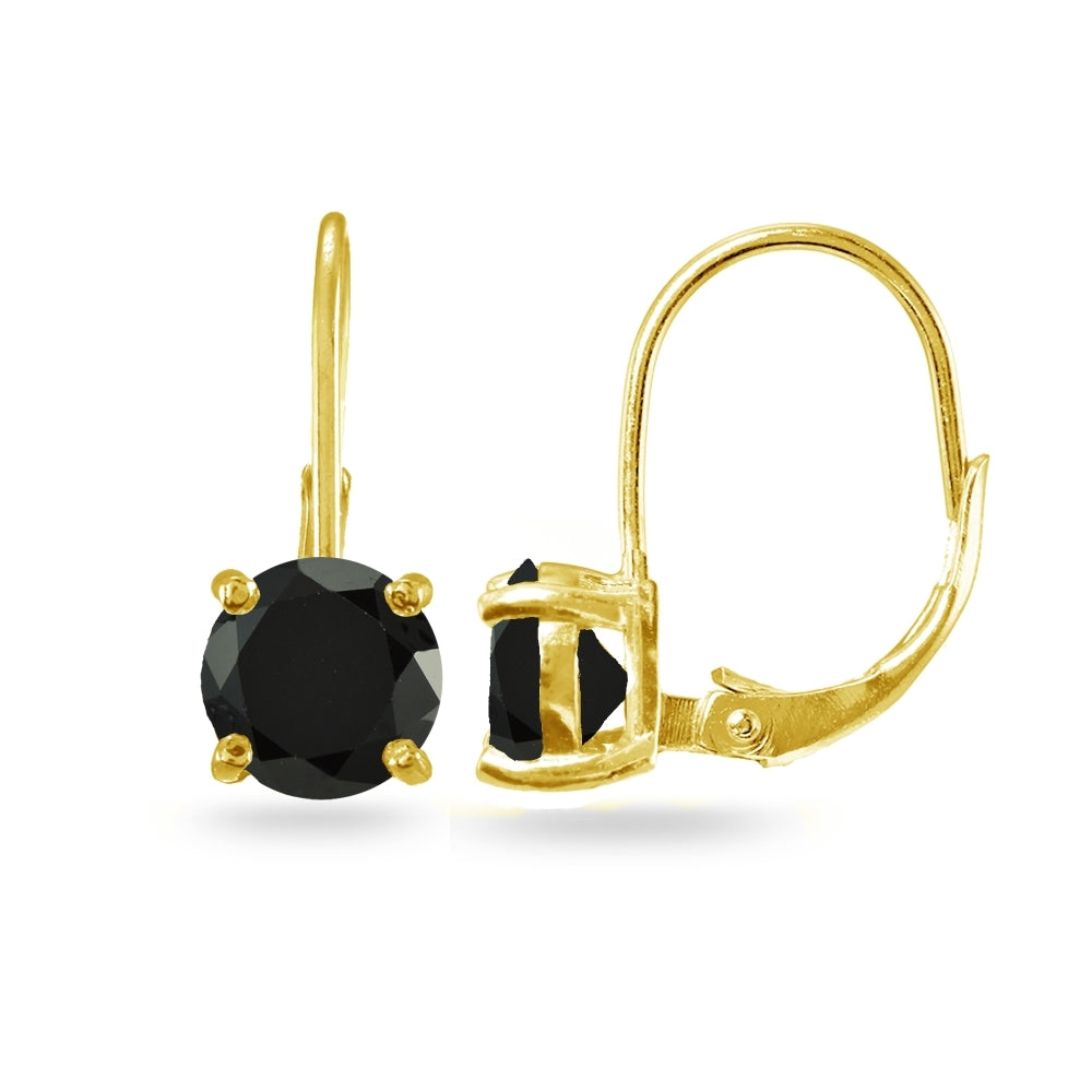 Yellow Gold Flashed Sterling Silver Black Cubic Zirconia Round 7mm Leverback Earrings