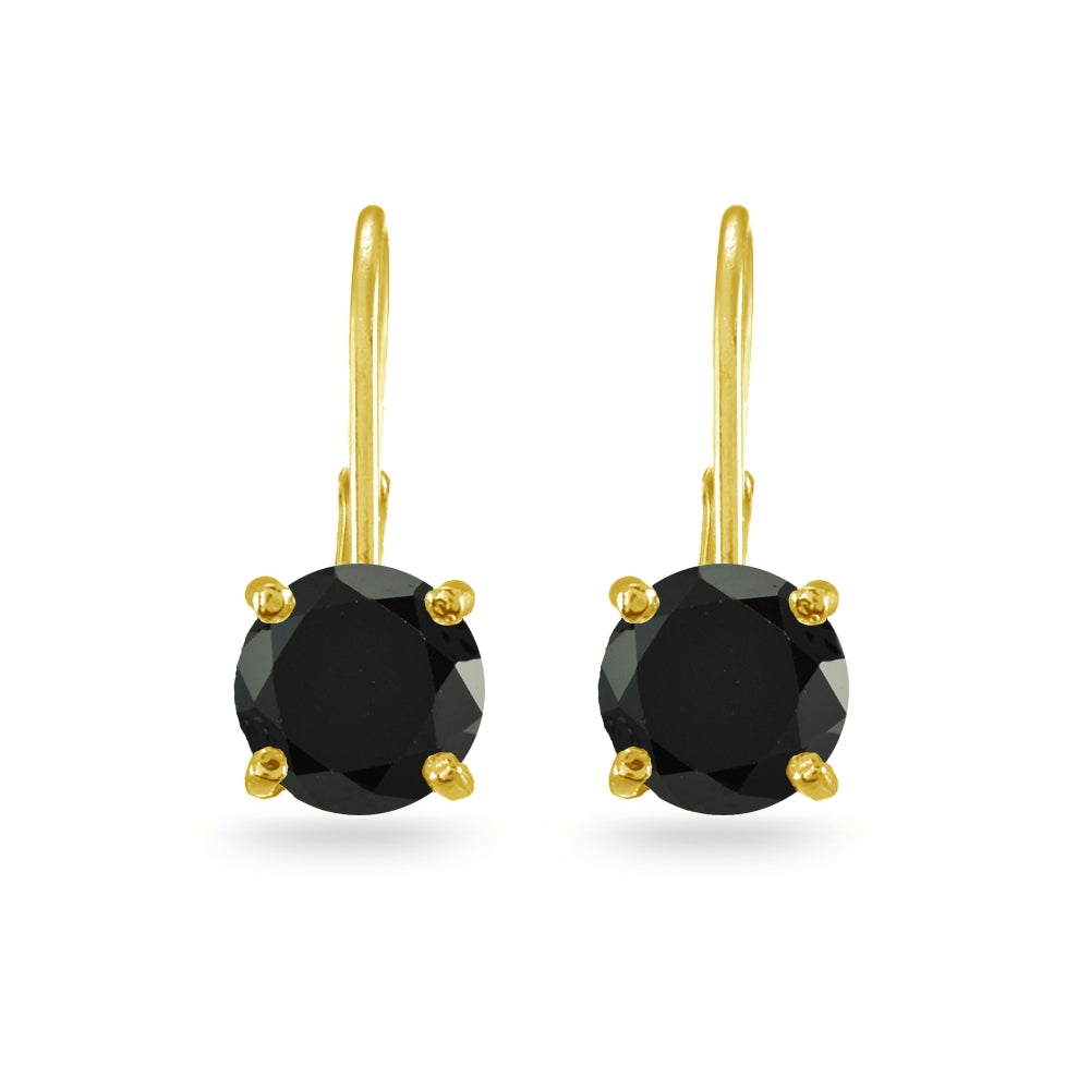Yellow Gold Flashed Sterling Silver Black Cubic Zirconia Round 7mm Leverback Earrings-3