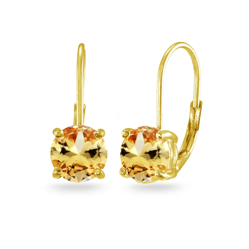 Yellow Gold Flashed Sterling Silver Champagne Cubic Zirconia Round 7mm Leverback Earrings