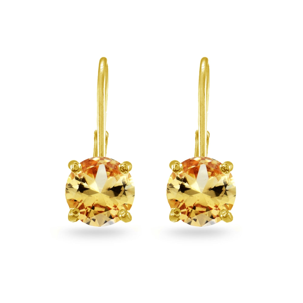 Yellow Gold Flashed Sterling Silver Champagne Cubic Zirconia Round 7mm Leverback Earrings-3