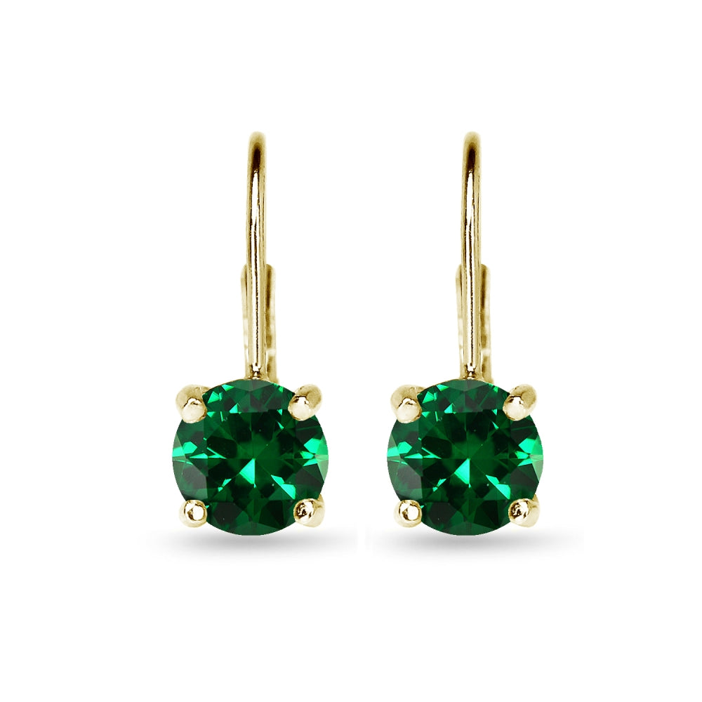 Yellow Gold Flashed Sterling Silver Polished Simulated Emerald 7mm Round Dainty Leverback Earrings-2