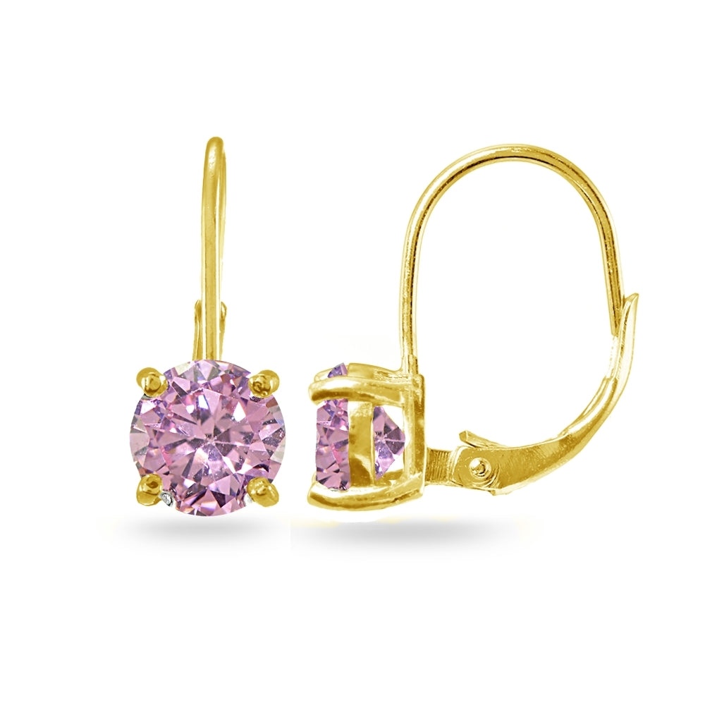 Yellow Gold Flashed Sterling Silver Pink Cubic Zirconia Round 7mm Leverback Earrings