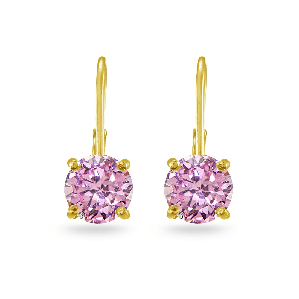 Yellow Gold Flashed Sterling Silver Pink Cubic Zirconia Round 7mm Leverback Earrings-3