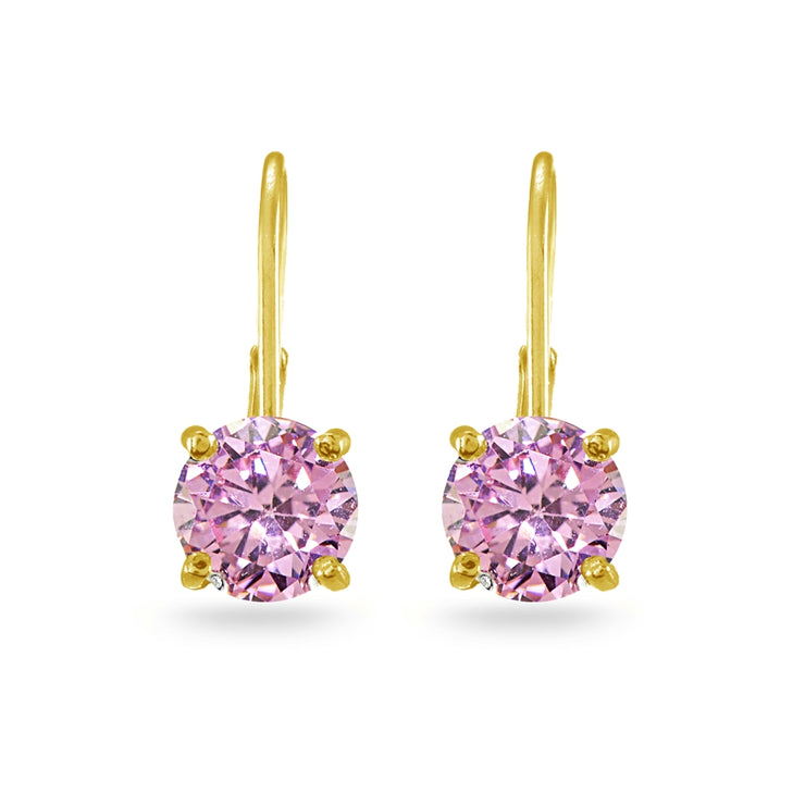 Yellow Gold Flashed Sterling Silver Pink Cubic Zirconia Round 7mm Leverback Earrings
