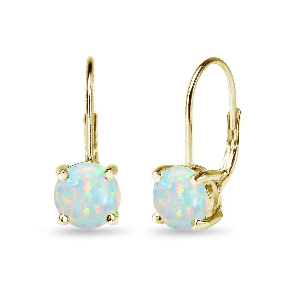 Yellow Gold Flashed Sterling Silver Polished Created Opal 7mm Round Dainty Leverback Earrings