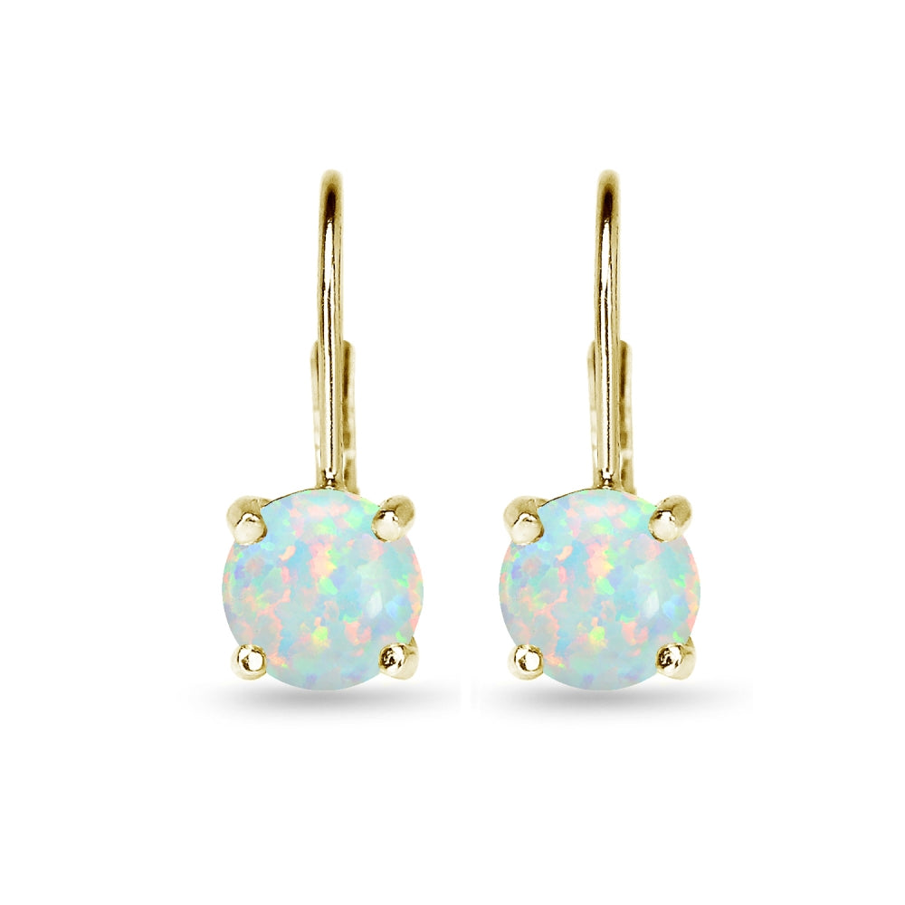 Yellow Gold Flashed Sterling Silver Polished Created Opal 7mm Round Dainty Leverback Earrings-2