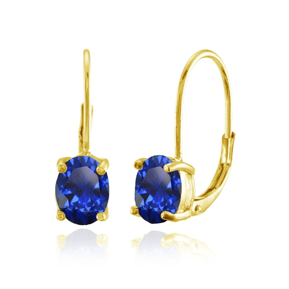 Yellow Gold Flashed Sterling Silver Created Blue Sapphire 8x6mm Oval Leverback Earrings