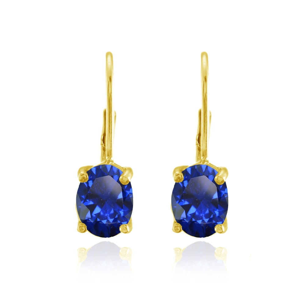 Yellow Gold Flashed Sterling Silver Created Blue Sapphire 8x6mm Oval Leverback Earrings-2