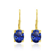 Yellow Gold Flashed Sterling Silver Created Blue Sapphire 8x6mm Oval Leverback Earrings