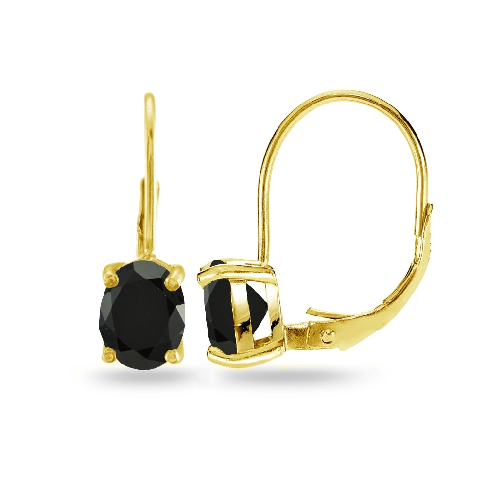 Yellow Gold Flashed Sterling Silver Black Cubic Zirconia Oval 8x6mm Leverback Earrings