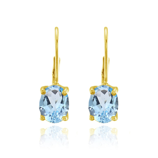 Yellow Gold Flashed Sterling Silver Blue Topaz 8x6mm Oval Leverback Earrings
