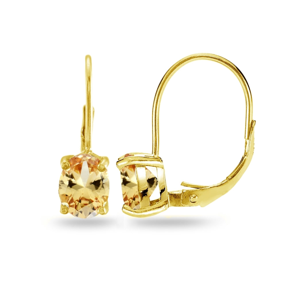 Yellow Gold Flashed Sterling Silver Champagne Cubic Zirconia Oval 8x6mm Leverback Earrings