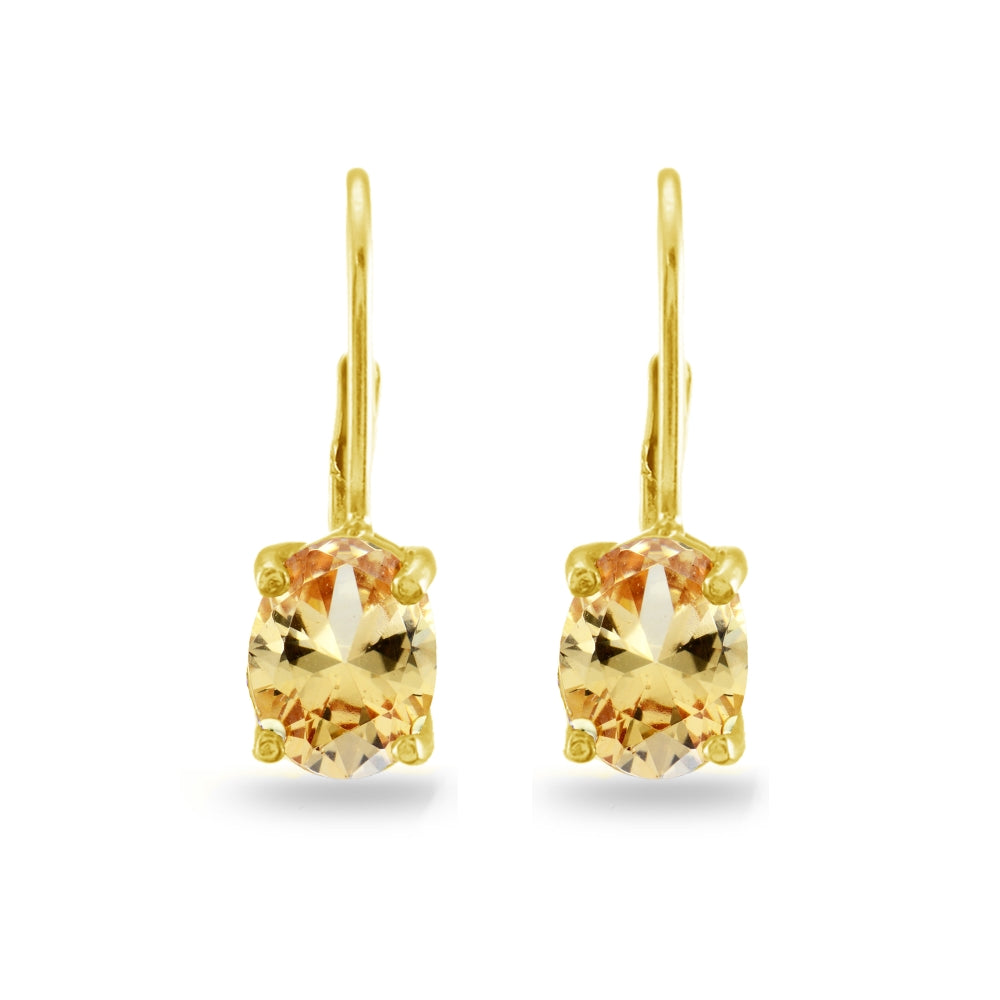 Yellow Gold Flashed Sterling Silver Champagne Cubic Zirconia Oval 8x6mm Leverback Earrings-3