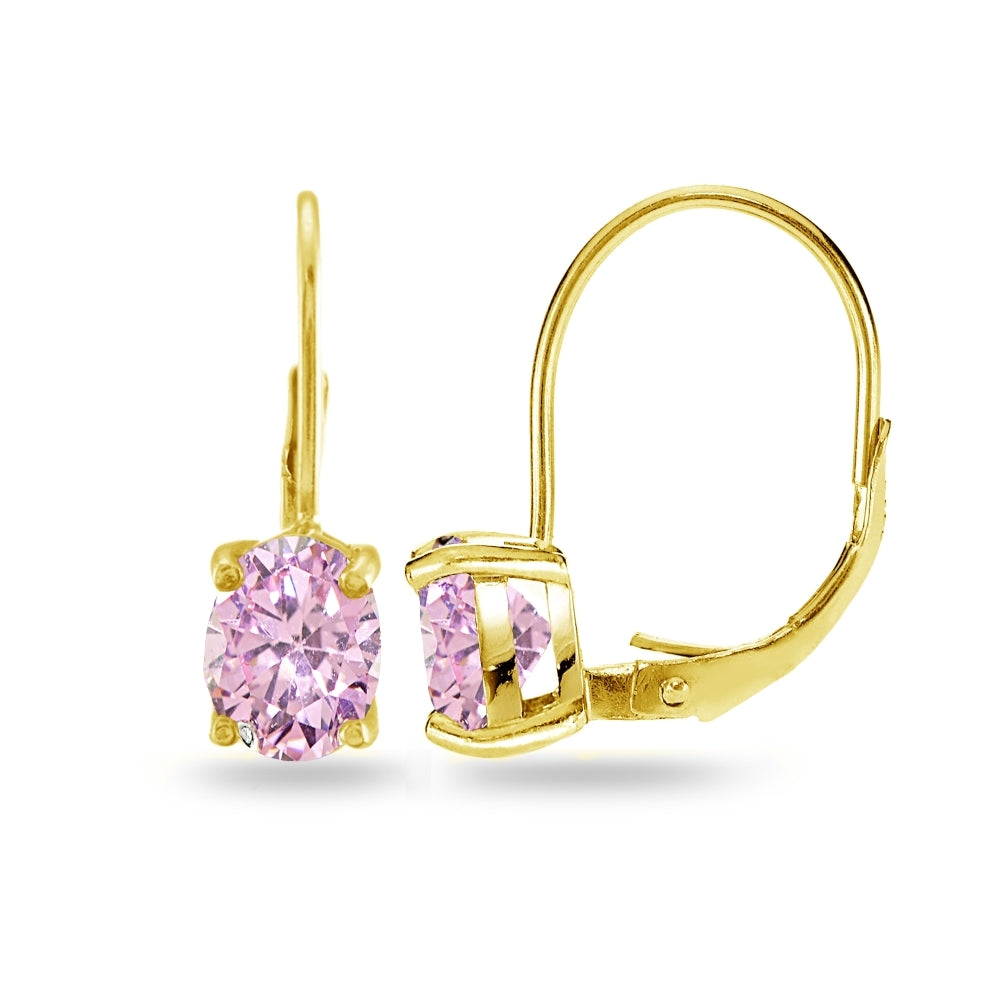 Yellow Gold Flashed Sterling Silver Pink Cubic Zirconia Oval 8x6mm Leverback Earrings
