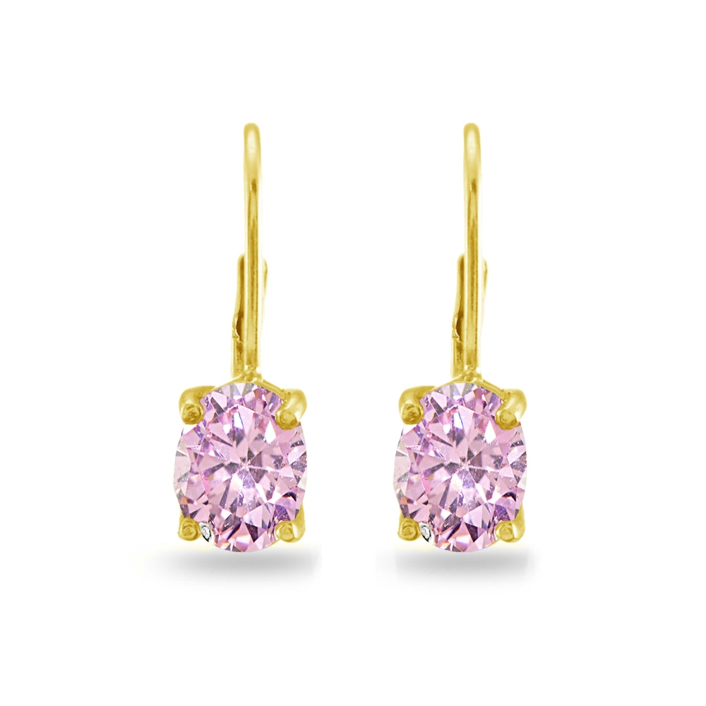 Yellow Gold Flashed Sterling Silver Pink Cubic Zirconia Oval 8x6mm Leverback Earrings-3