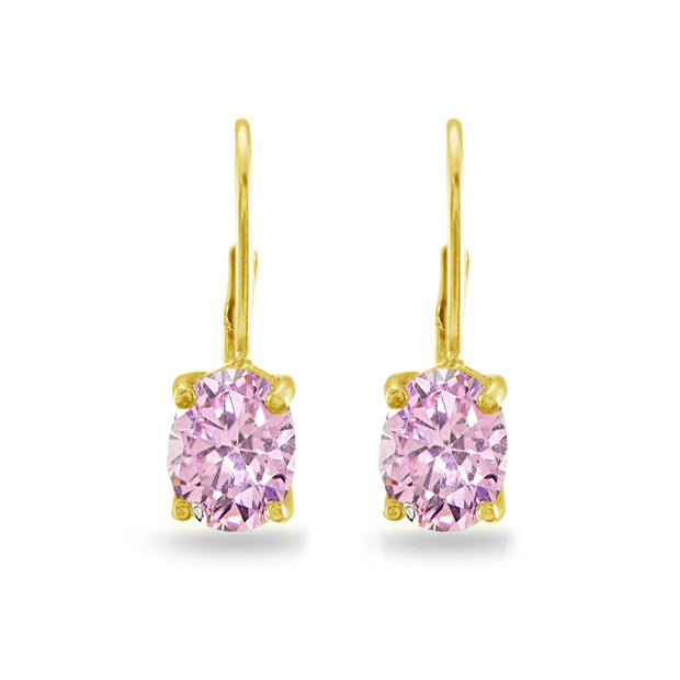 Yellow Gold Flashed Sterling Silver Pink Cubic Zirconia Oval 8x6mm Leverback Earrings