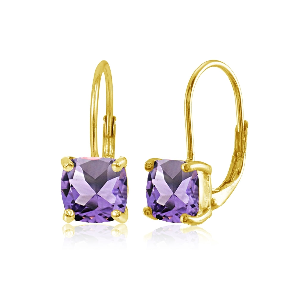 Yellow Gold Flashed Sterling Silver Amethyst 7x7mm Cushion-Cut Leverback Earrings