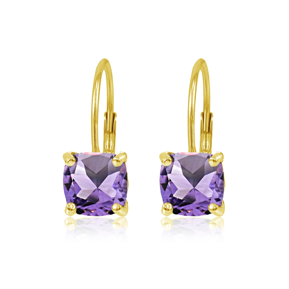 Yellow Gold Flashed Sterling Silver Amethyst 7x7mm Cushion-Cut Leverback Earrings-3