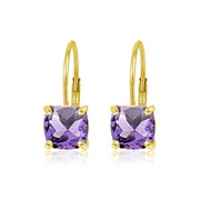 Yellow Gold Flashed Sterling Silver Amethyst 7x7mm Cushion-Cut Leverback Earrings