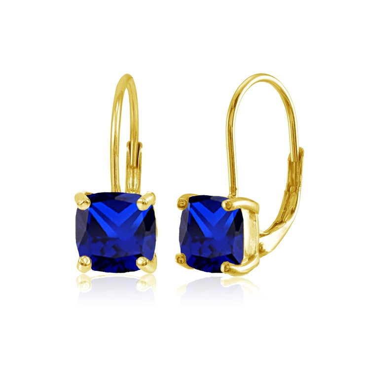 Yellow Gold Flashed Sterling Silver Created Blue Sapphire 7x7mm Cushion-Cut Leverback Earrings