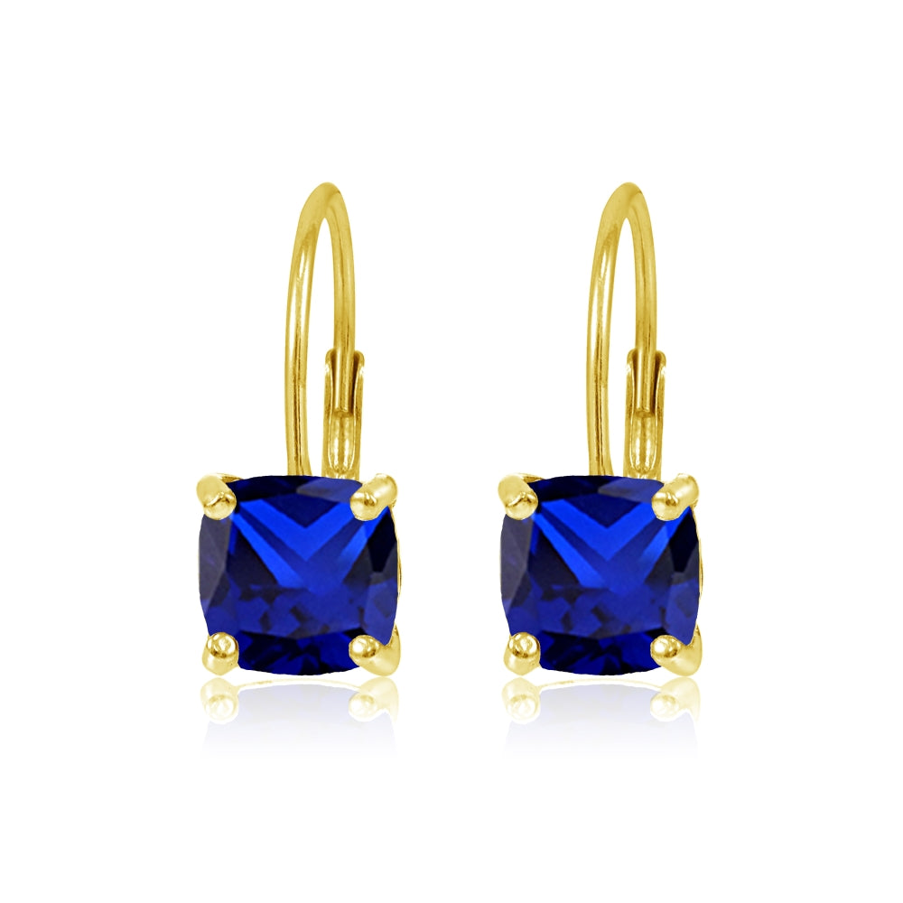 Yellow Gold Flashed Sterling Silver Created Blue Sapphire 7x7mm Cushion-Cut Leverback Earrings-2