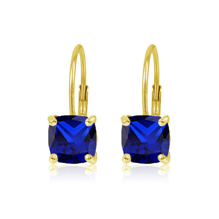 Yellow Gold Flashed Sterling Silver Created Blue Sapphire 7x7mm Cushion-Cut Leverback Earrings