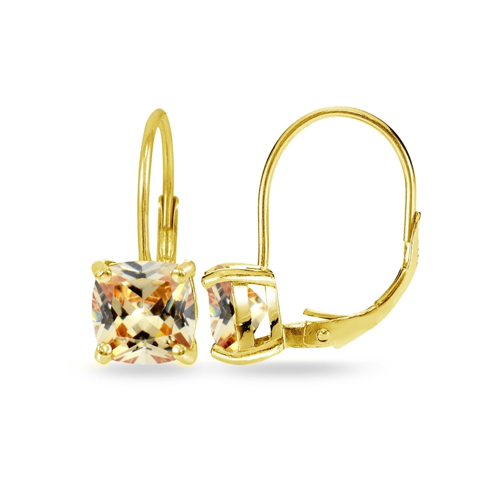 Yellow Gold Flashed Sterling Silver Champagne Cubic Zirconia Cushion-cut 7x7mm Leverback Earrings