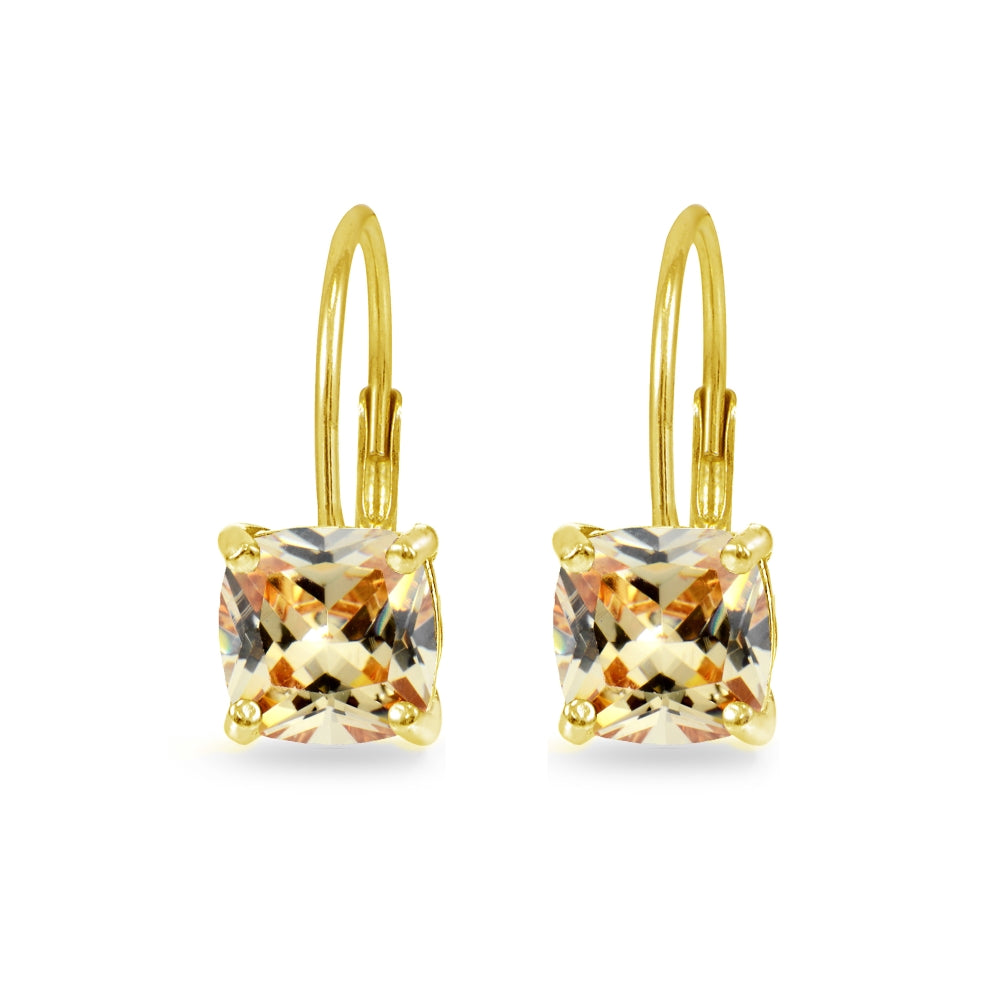 Yellow Gold Flashed Sterling Silver Champagne Cubic Zirconia Cushion-cut 7x7mm Leverback Earrings-3