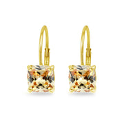Yellow Gold Flashed Sterling Silver Champagne Cubic Zirconia Cushion-cut 7x7mm Leverback Earrings