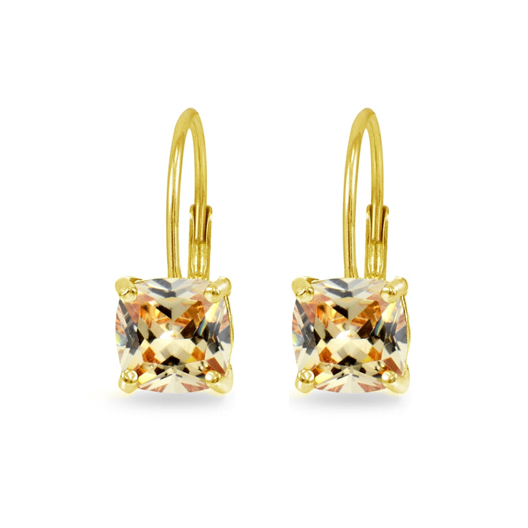 Yellow Gold Flashed Sterling Silver Champagne Cubic Zirconia Cushion-cut 7x7mm Leverback Earrings
