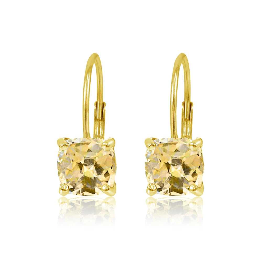 Yellow Gold Flashed Sterling Silver Citrine 7x7mm Cushion-Cut Leverback Earrings-2