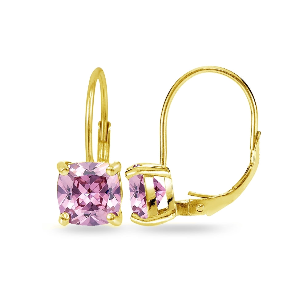 Yellow Gold Flashed Sterling Silver Pink Cubic Zirconia Cushion-cut 7x7mm Leverback Earrings