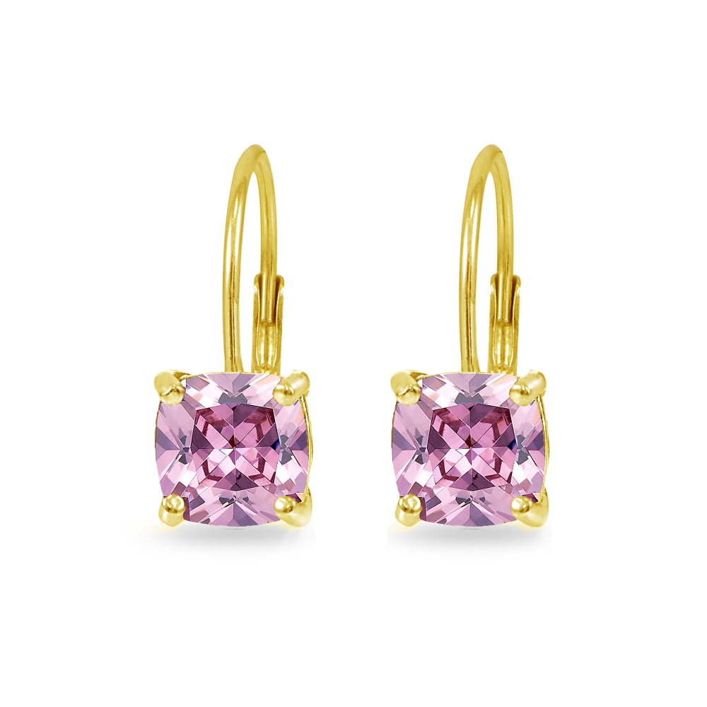 Yellow Gold Flashed Sterling Silver Pink Cubic Zirconia Cushion-cut 7x7mm Leverback Earrings-3