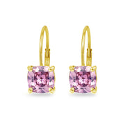 Yellow Gold Flashed Sterling Silver Pink Cubic Zirconia Cushion-cut 7x7mm Leverback Earrings