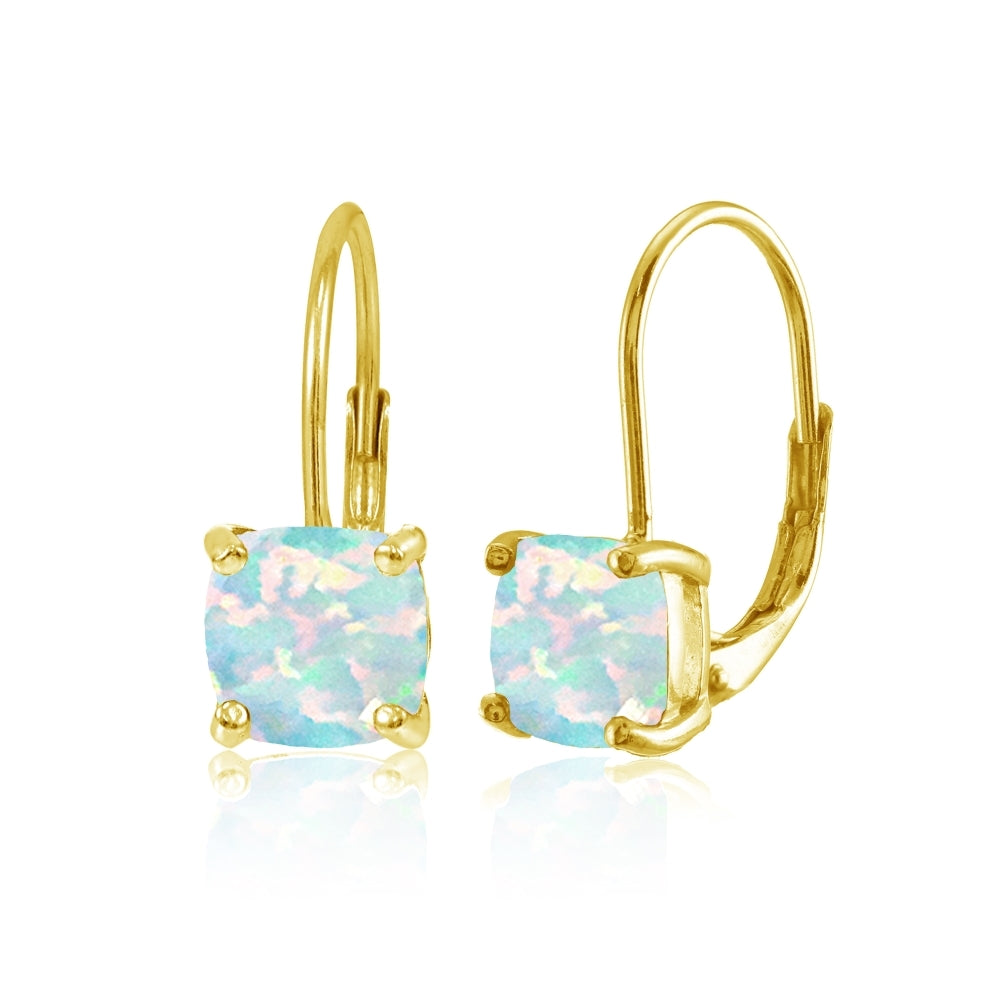 Yellow Gold Flashed Sterling Silver Created White Opal 7x7mm Cushion-Cut Leverback Earrings