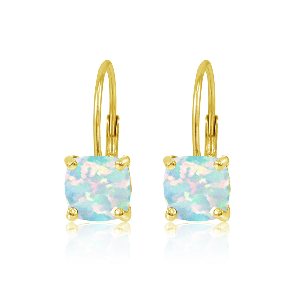 Yellow Gold Flashed Sterling Silver Created White Opal 7x7mm Cushion-Cut Leverback Earrings-2