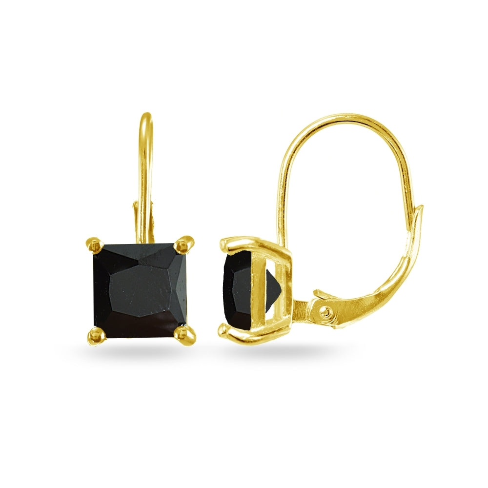 Yellow Gold Flashed Sterling Silver Black Cubic Zirconia Princess-cut 7x7mm Leverback Earrings