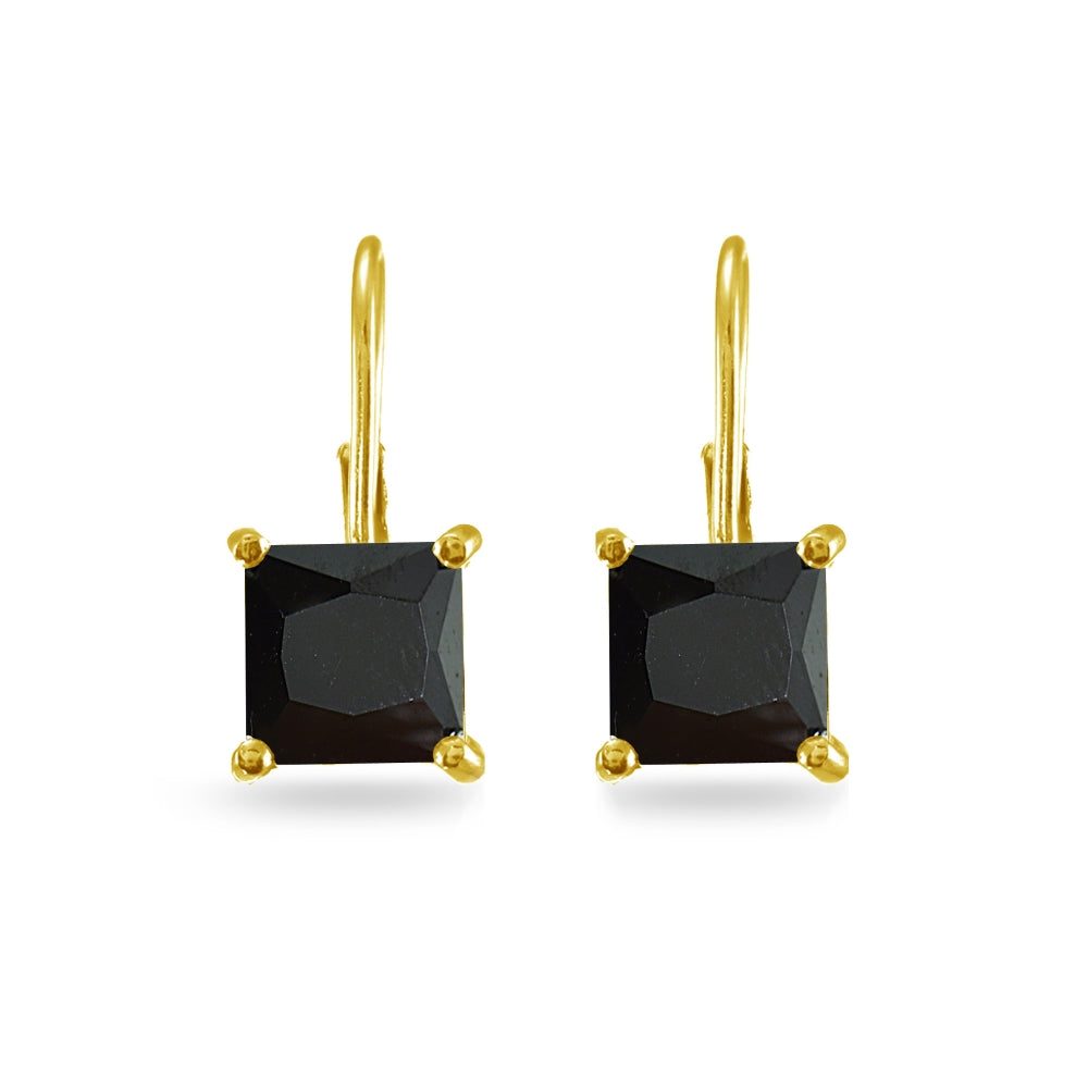 Yellow Gold Flashed Sterling Silver Black Cubic Zirconia Princess-cut 7x7mm Leverback Earrings-3