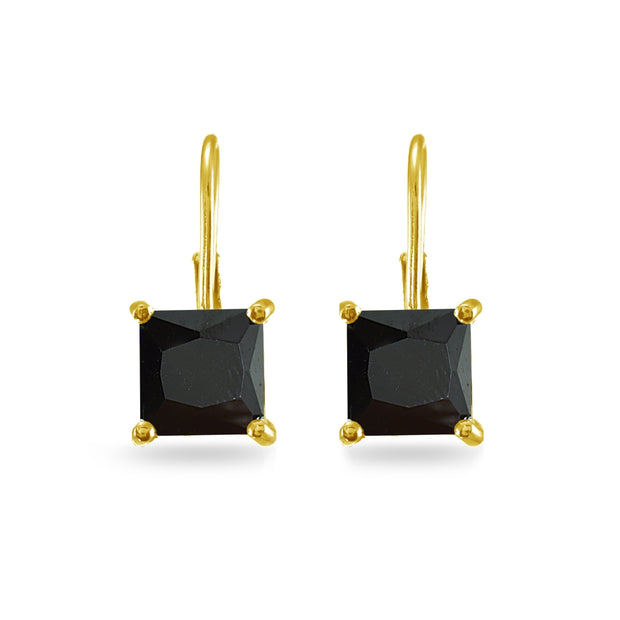 Yellow Gold Flashed Sterling Silver Black Cubic Zirconia Princess-cut 7x7mm Leverback Earrings
