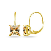 Yellow Gold Flashed Sterling Silver Champagne Cubic Zirconia Princess-cut 7x7mm Leverback Earrings
