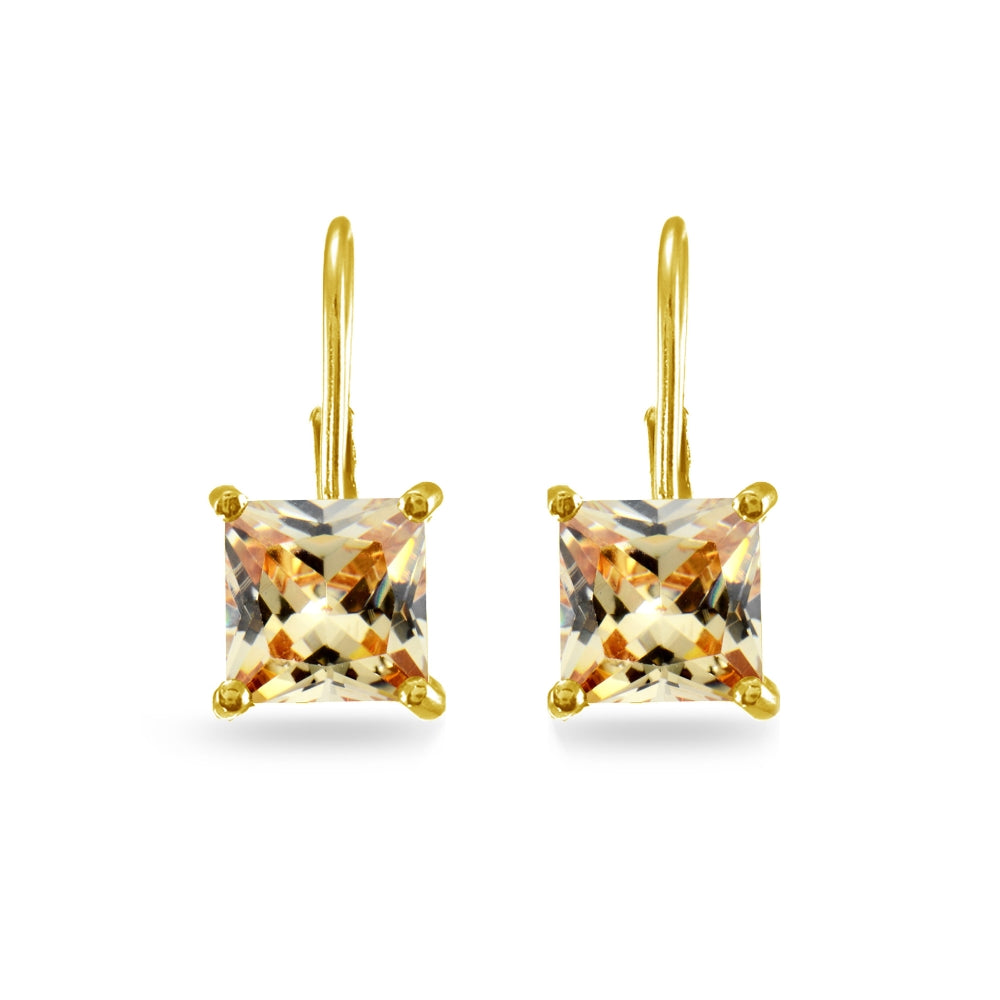 Yellow Gold Flashed Sterling Silver Champagne Cubic Zirconia Princess-cut 7x7mm Leverback Earrings-3