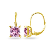 Yellow Gold Flashed Sterling Silver Pink Cubic Zirconia Princess-cut 7x7mm Leverback Earrings