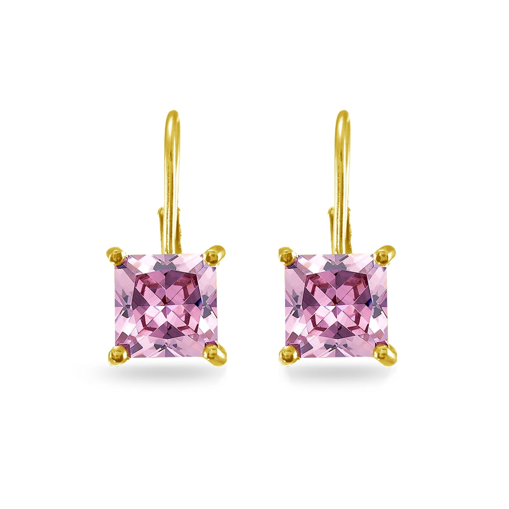 Yellow Gold Flashed Sterling Silver Pink Cubic Zirconia Princess-cut 7x7mm Leverback Earrings-3