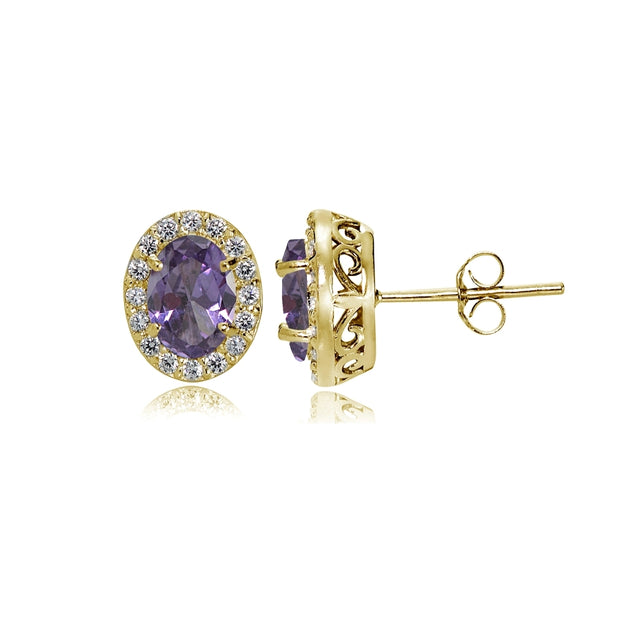 Yellow Gold Flashed Sterling Silver Created Alexandrite and Cubic Zirconia Accents Oval Halo Stud Earrings