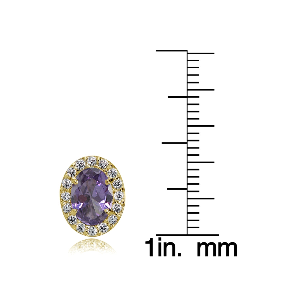Yellow Gold Flashed Sterling Silver Created Alexandrite and Cubic Zirconia Accents Oval Halo Stud Earrings-3