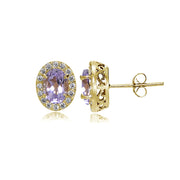 Yellow Gold Flashed Sterling Silver Amethyst and Cubic Zirconia Accents Oval Halo Stud Earrings